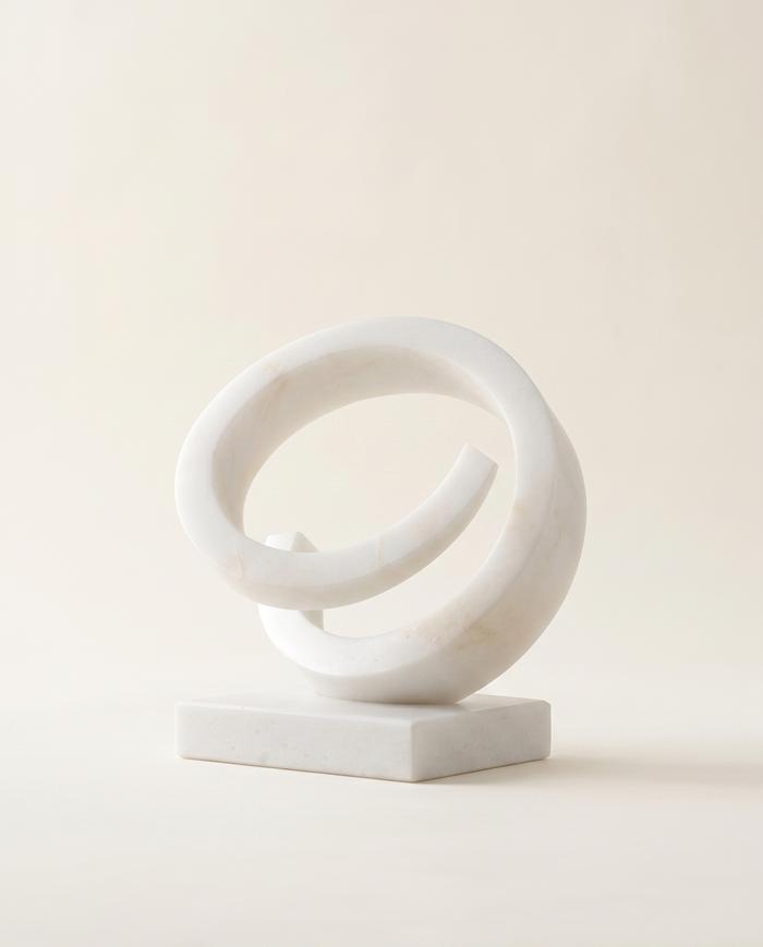 White Marble Spiral Loop Sculpture on Base – Medium