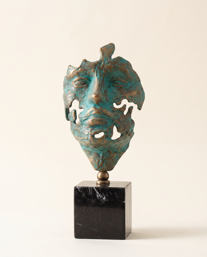 Abstract Verdigris Mask Sculpture on Black Marble Base