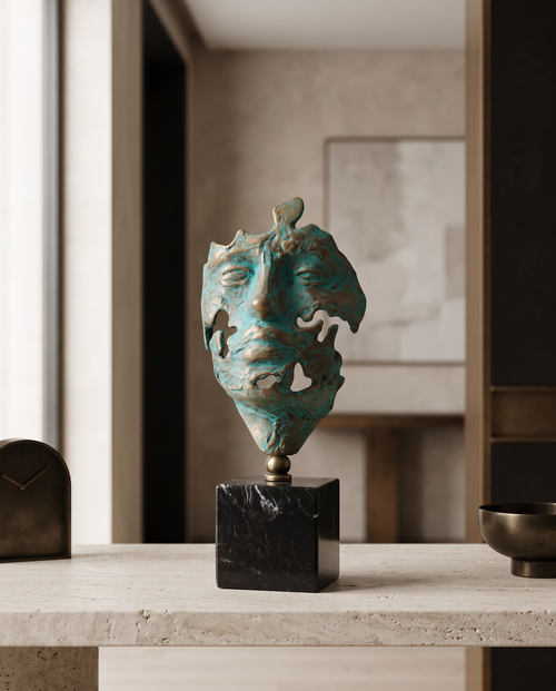 Abstract Verdigris Mask Sculpture on Black Marble Base