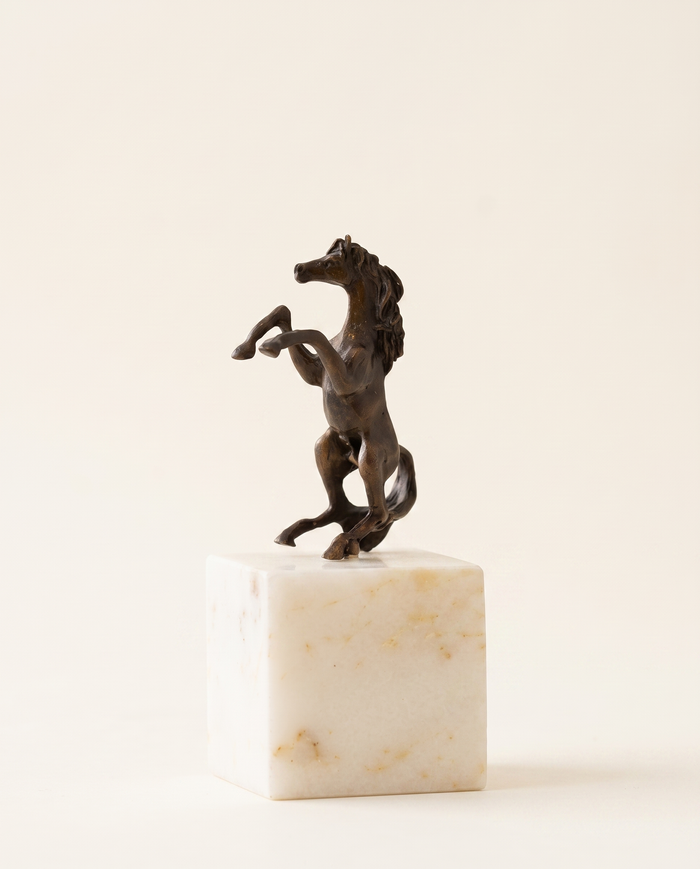 Rearing Horse Sculpture on White Marble Base