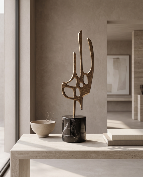 Abstract Gold Hand Sculpture on Black Marble Base