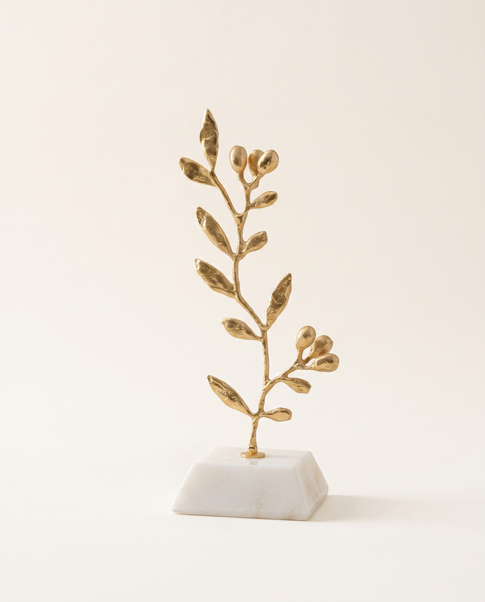 Golden Olive Branch Sculpture on White Marble Base