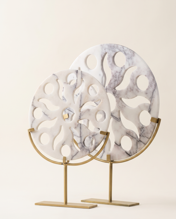Carved Marble Disk Sculpture on Golden Stand