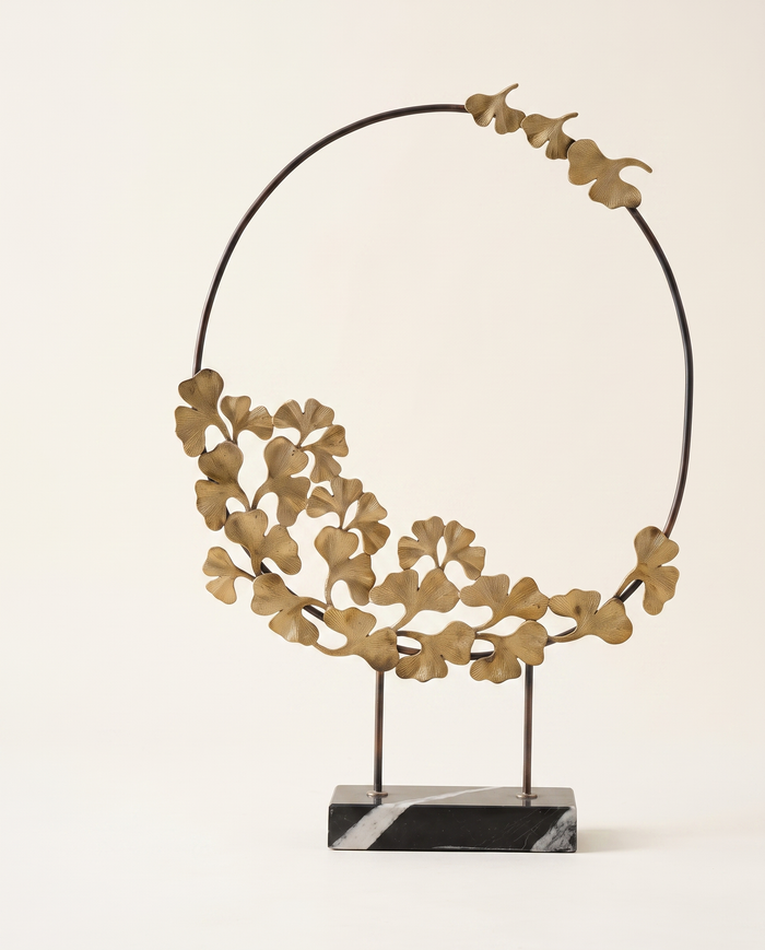 Golden Ginkgo Circle Sculpture on Black Marble Base
