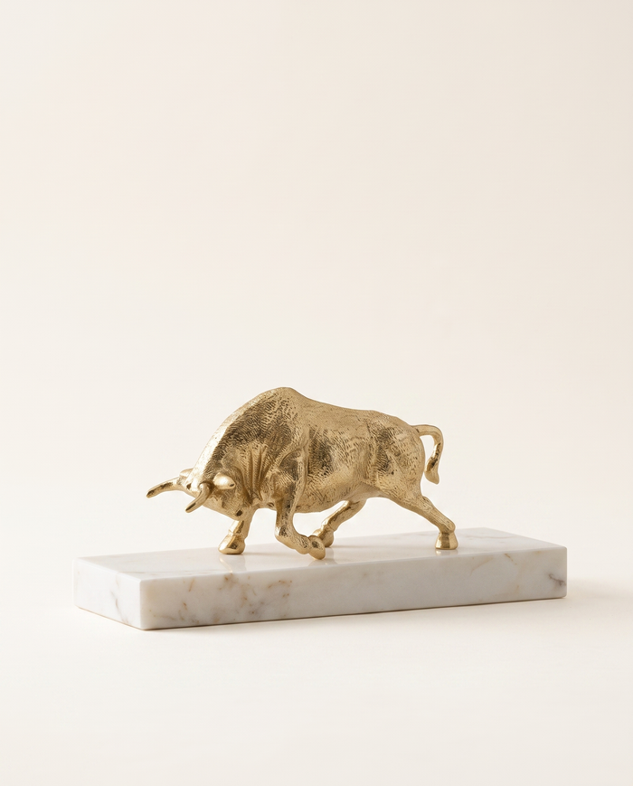 Golden Bull Sculpture on White Marble Base II