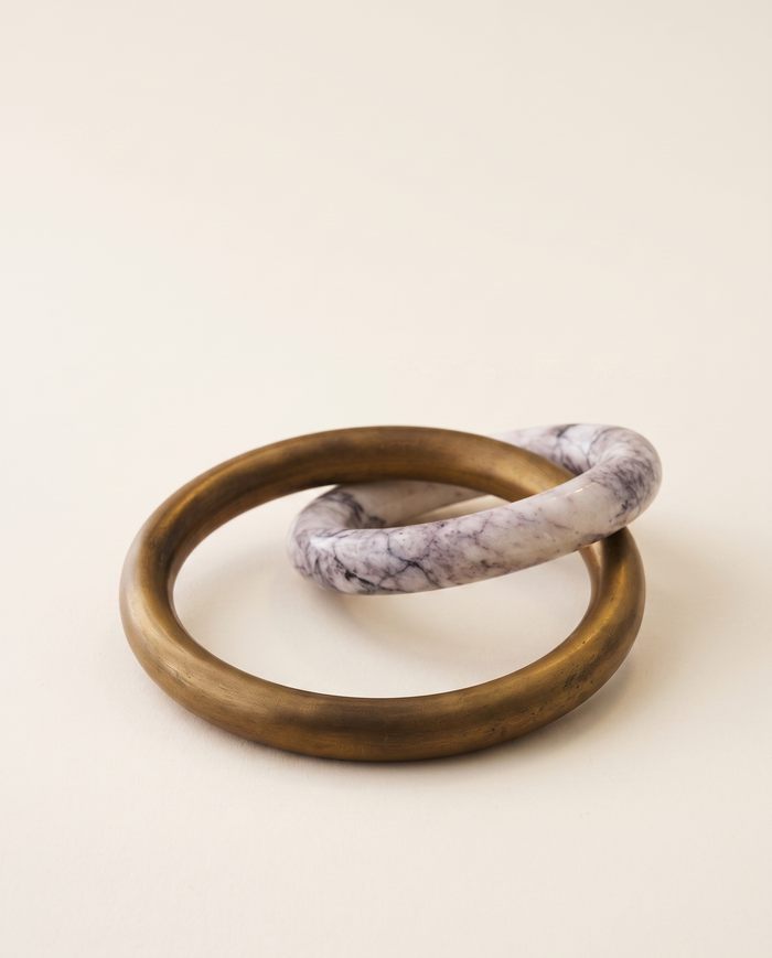 Interlinked Ring Sculpture – Brass & Marble Harmony