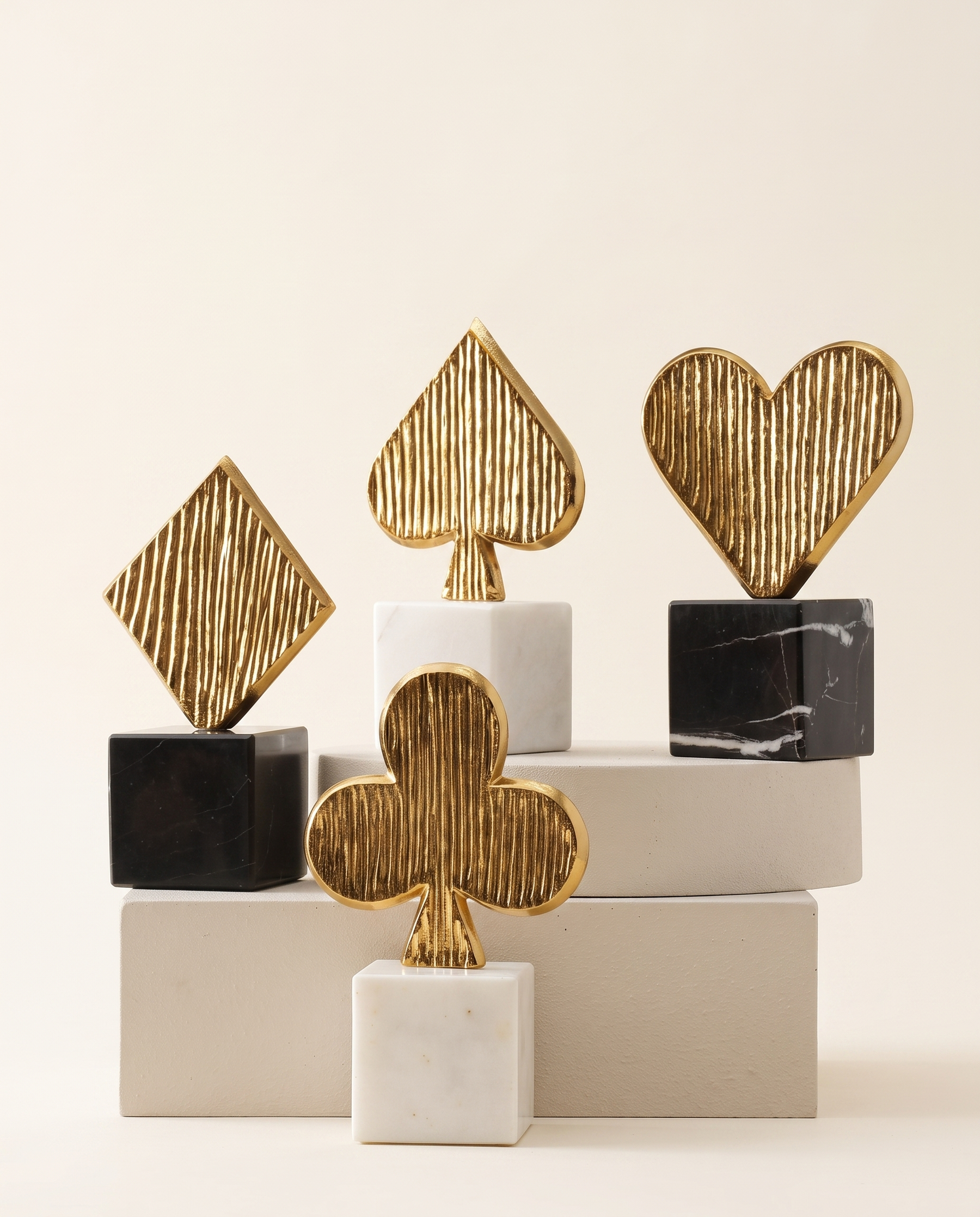 Playing Card Symbol Sculptures on Marble Bases – Gold or Silver, Set of 4