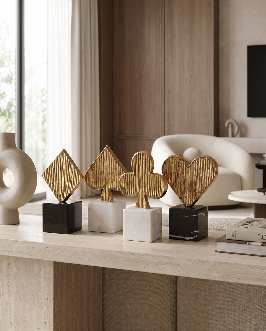 Playing Card Symbol Sculptures on Marble Bases – Gold or Silver, Set of 4