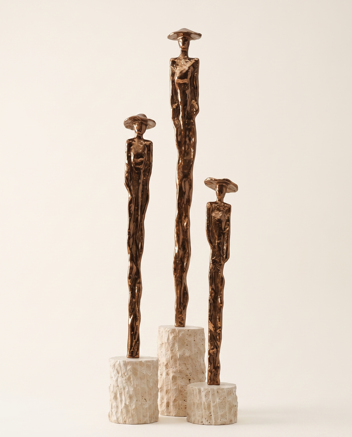 Brass Silhouette Women with Hats on Split-Face Pedestal II