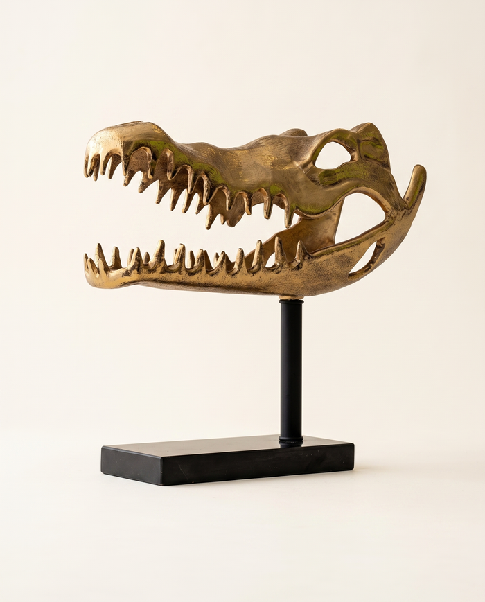 Crocodile Skull Sculpture – Brass Finish on Marble Base, Statement Decorative Accent