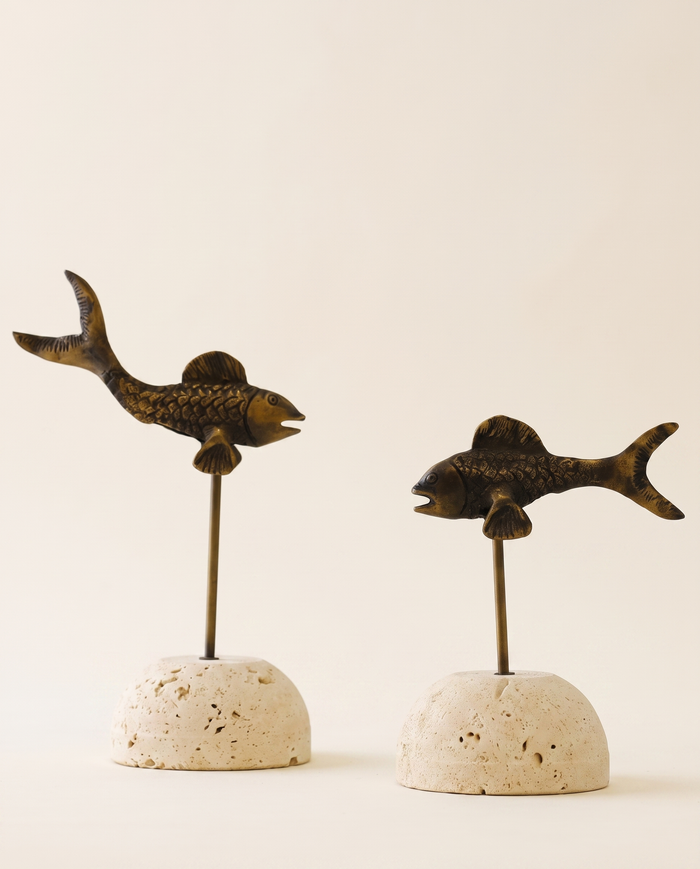 Bronze Fish Sculptures On Travertine Stone Base – Set of 2