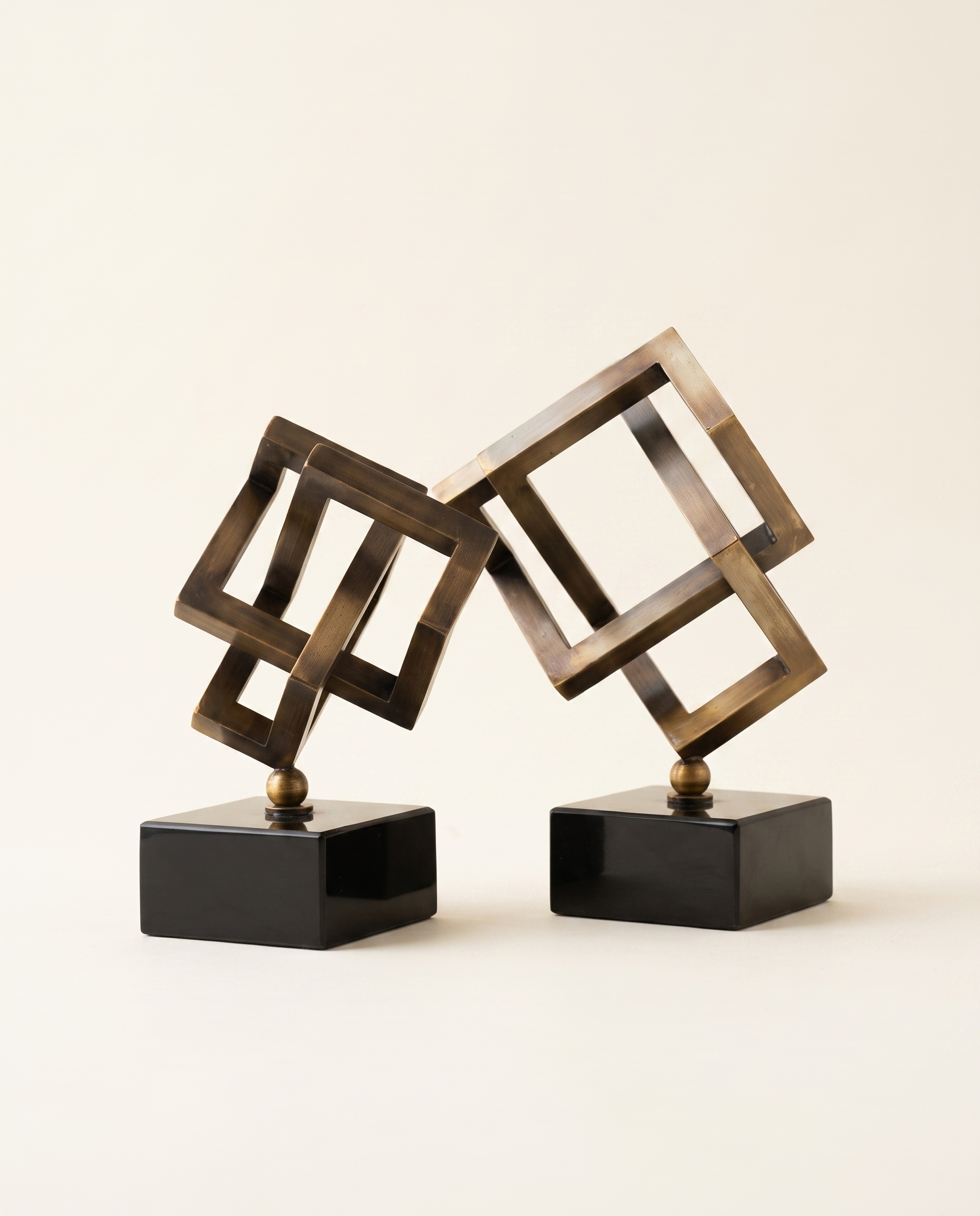 Brass Cubic Geometric Sculpture On Black Marble Base – Small