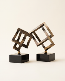 Brass Cubic Geometric Sculpture On Black Marble Base – Small