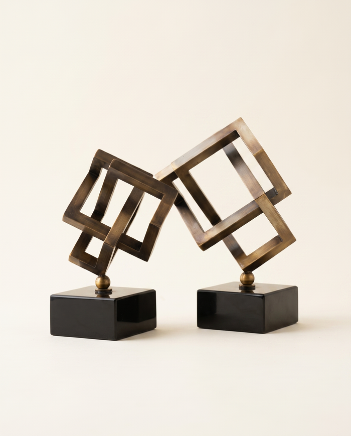Brass Cubic Geometric Sculpture On Black Marble Base – Small