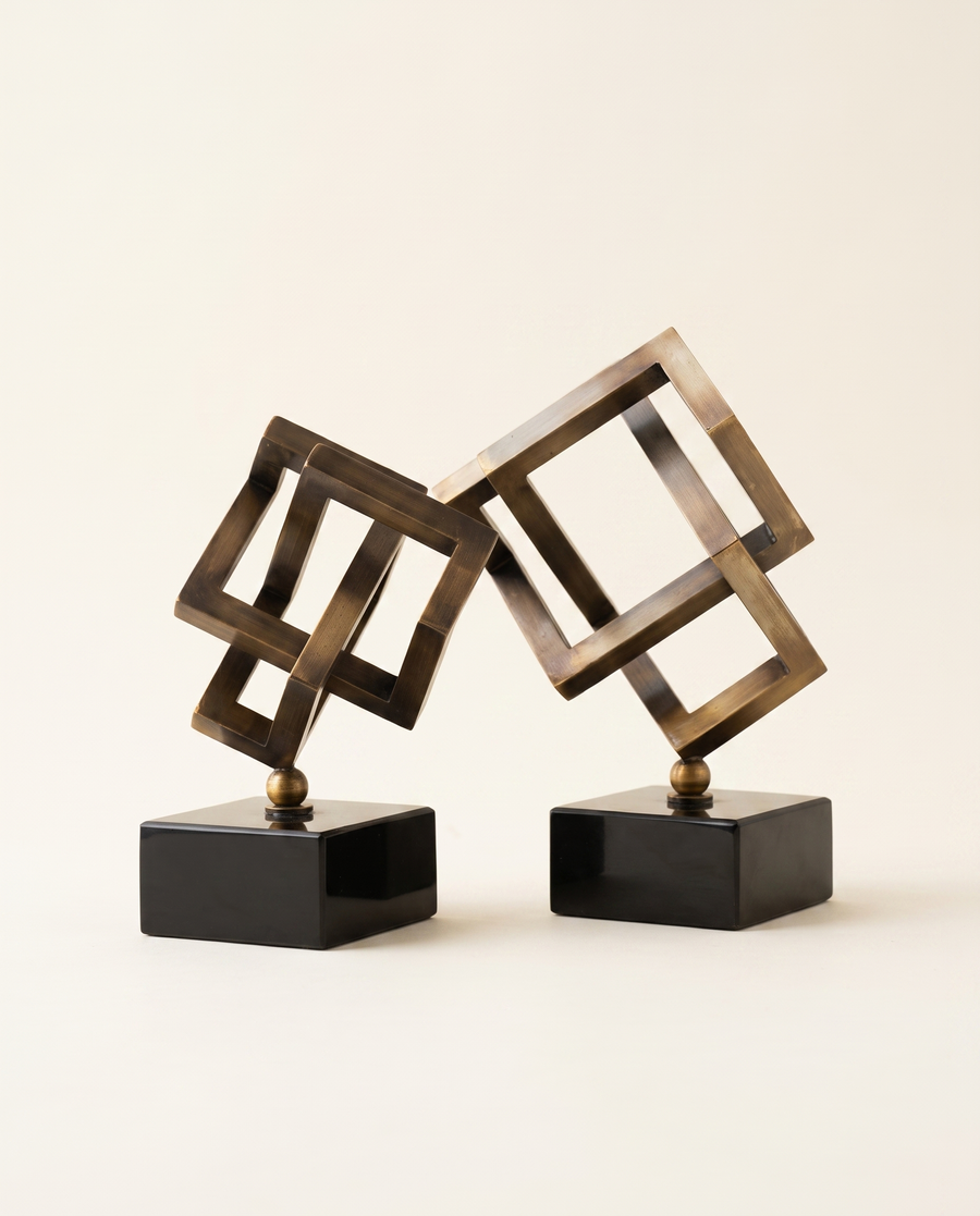Brass Cubic Geometric Sculpture On Black Marble Base – Small