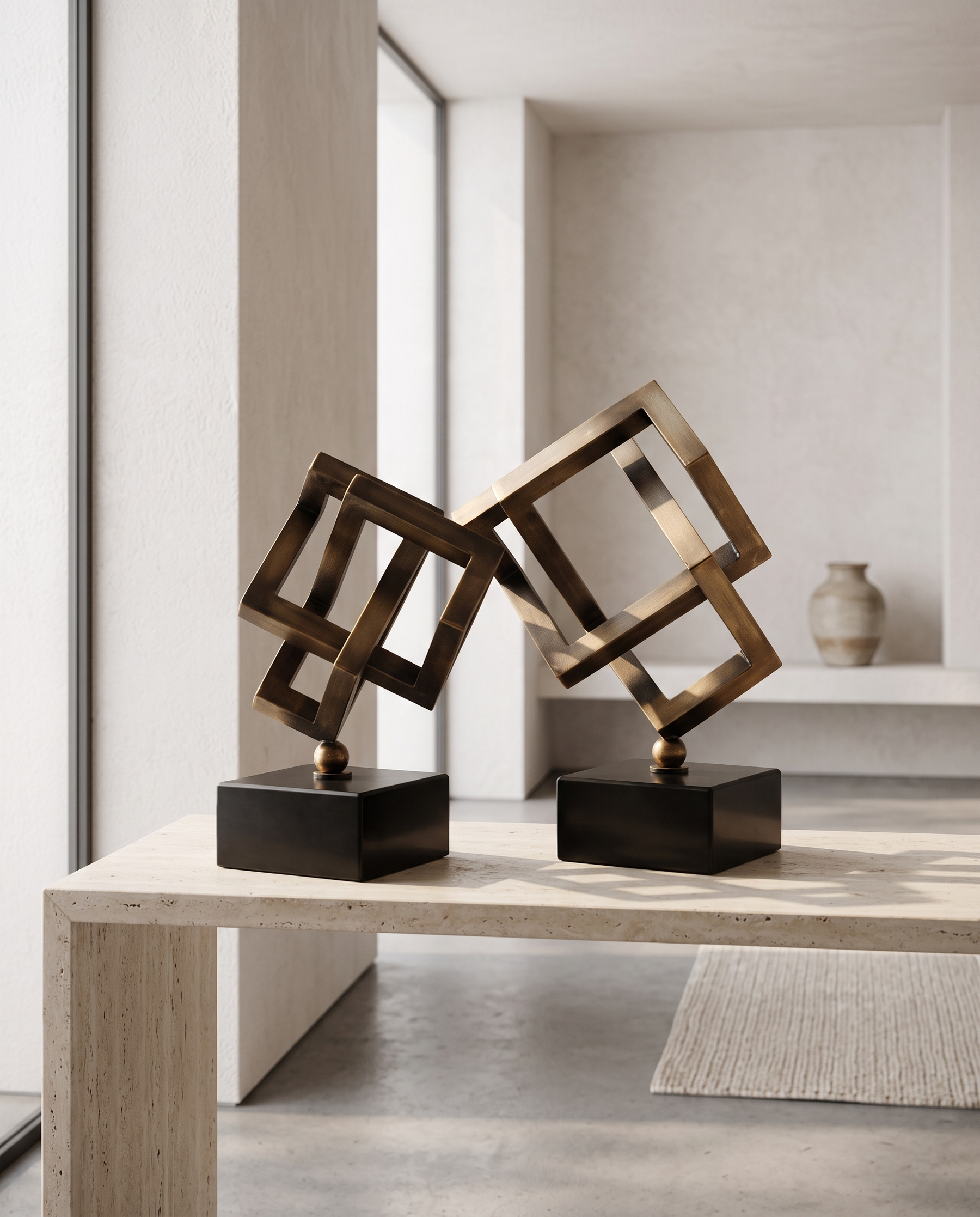 Brass Cubic Geometric Sculpture On Black Marble Base – Small