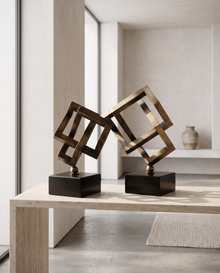 Brass Cubic Geometric Sculpture On Black Marble Base – Small
