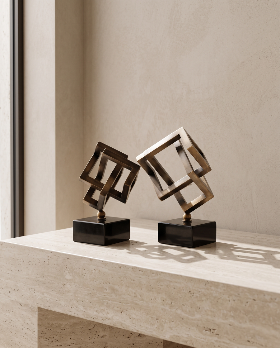 Brass Cubic Geometric Sculpture On Black Marble Base – Small