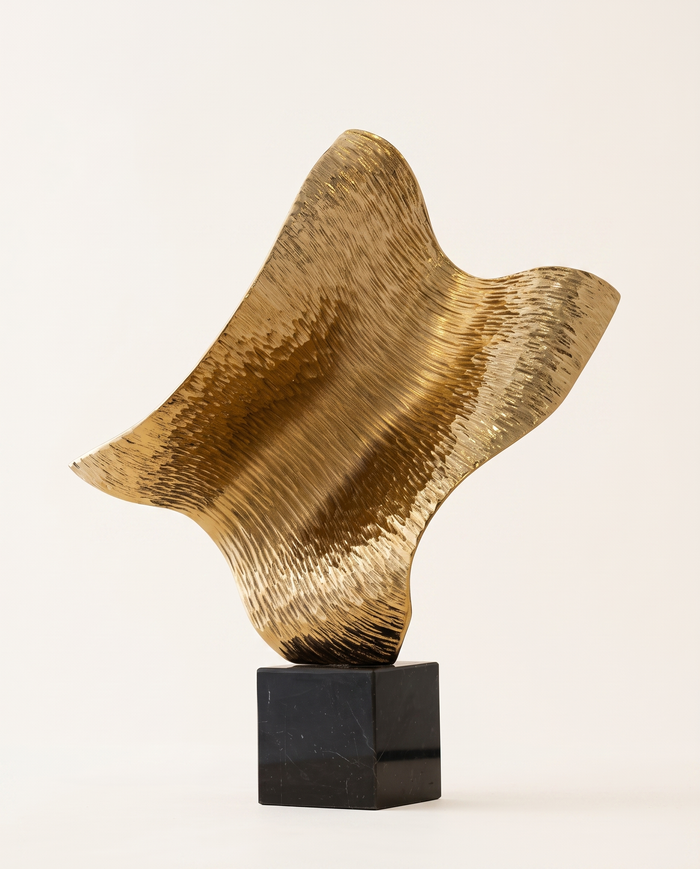 Polished Gold Abstract Sculpture On Black Marble Base