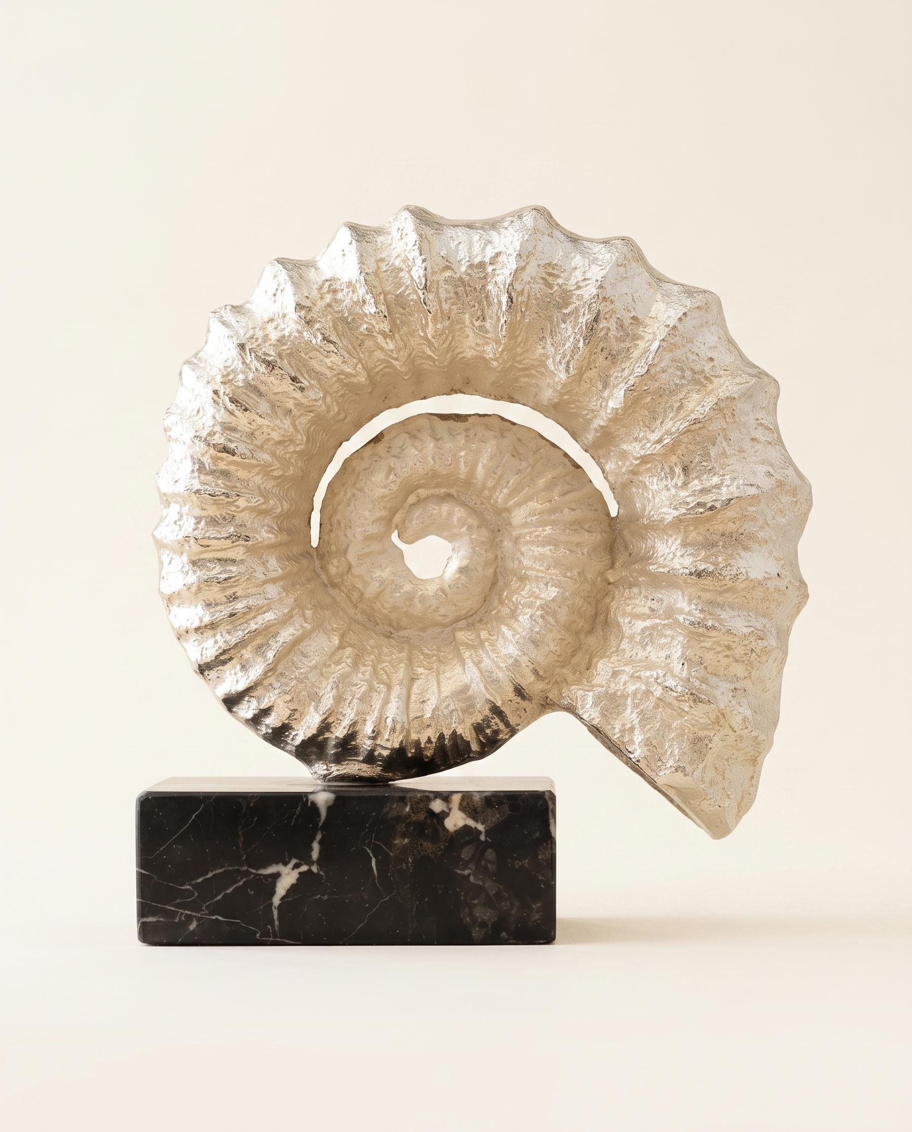 Silver Textured Nautilus Shell Sculpture On Black Marble Base