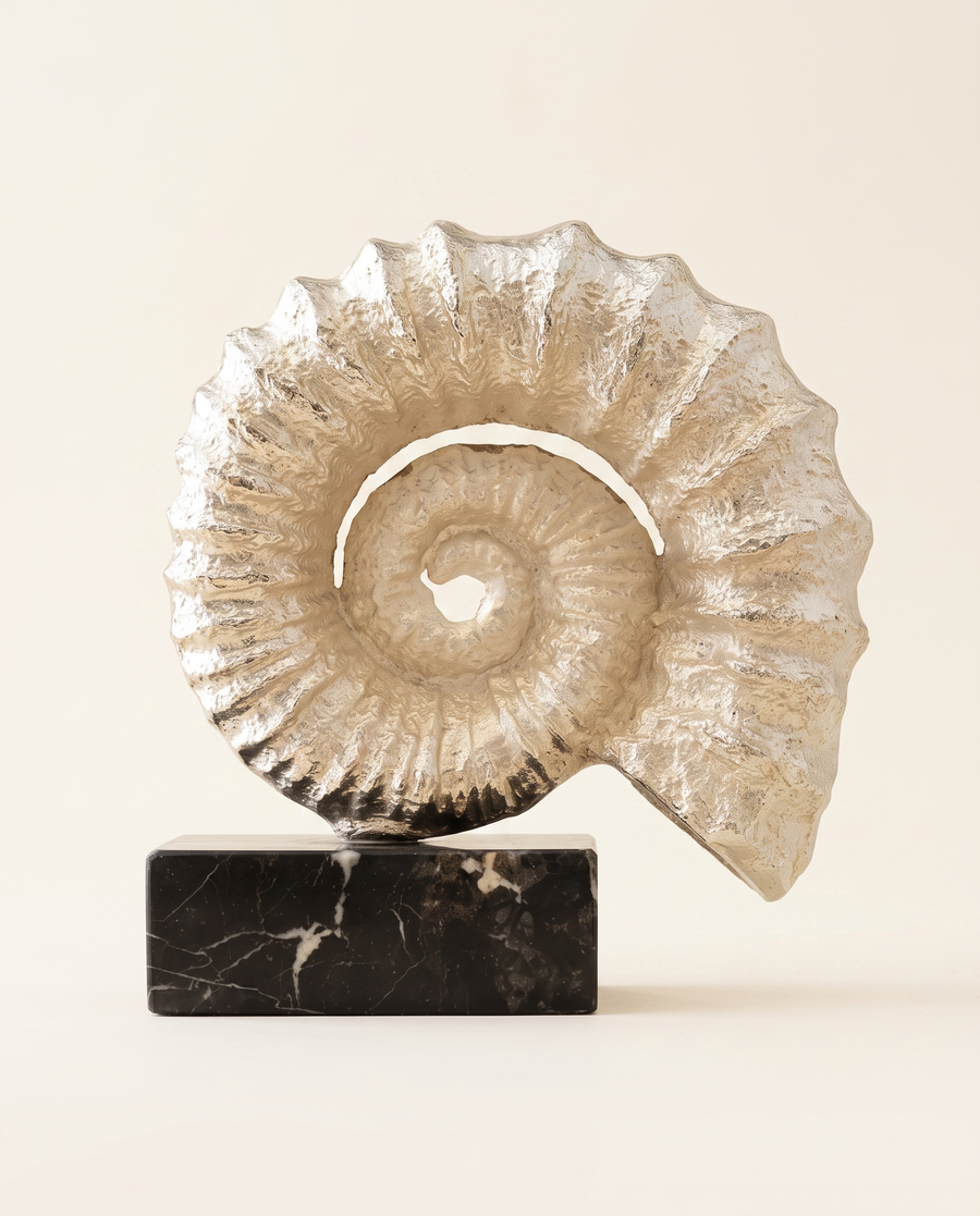 Silver Textured Nautilus Shell Sculpture On Black Marble Base