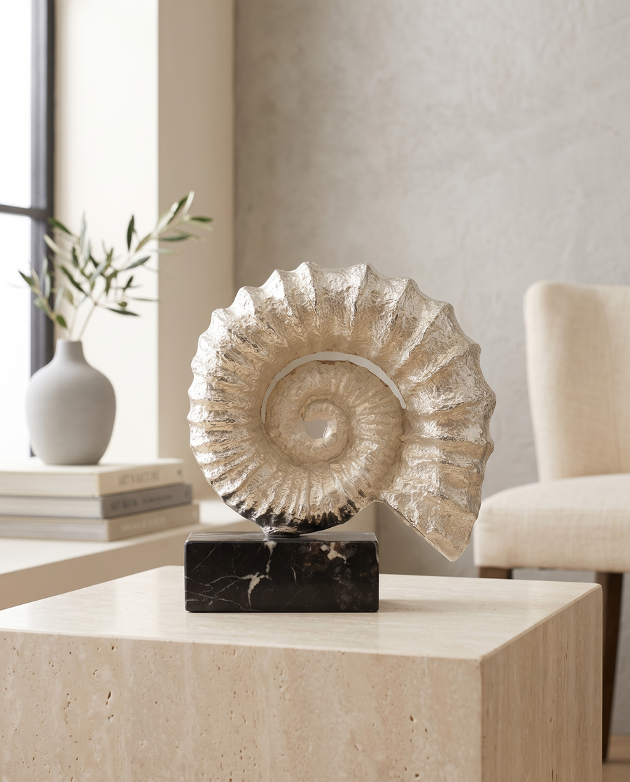 Silver Textured Nautilus Shell Sculpture On Black Marble Base