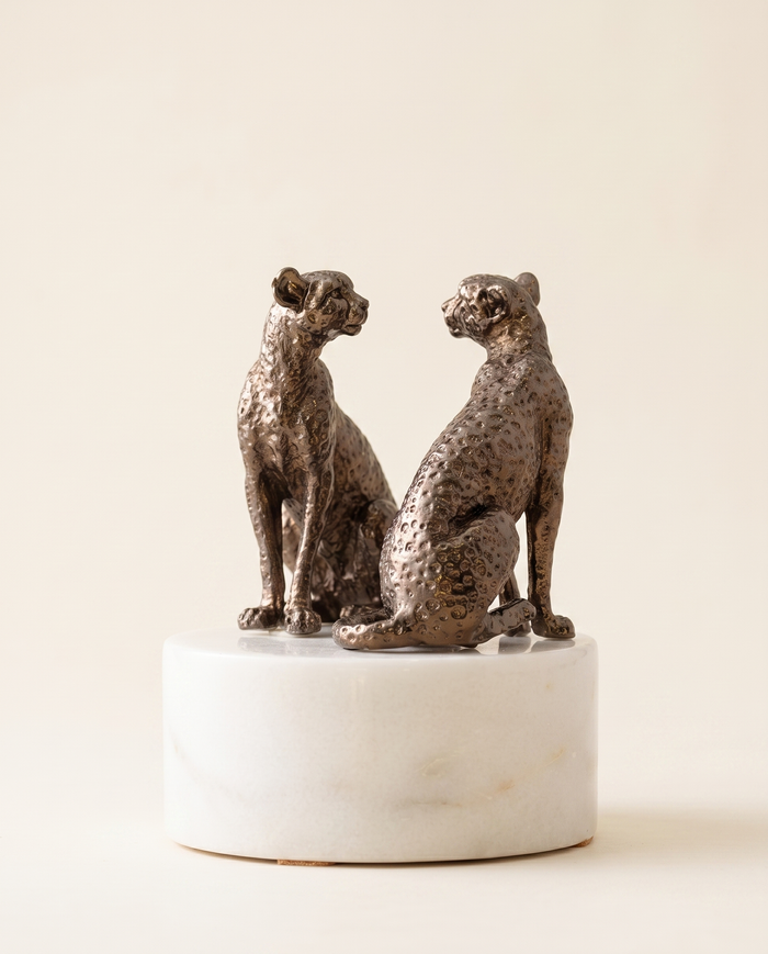 Bronze Cheetah Duo Sculpture On White Marble Base
