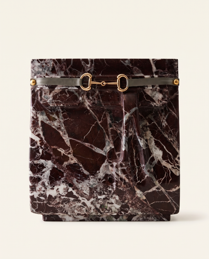 Cherry Marble Handbag Sculpture – Luxury Stone Decor with Brass Detail