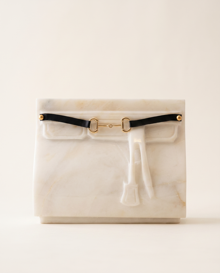 White Marble Handbag Sculpture – Luxury Stone Decor with Black Leather Accent