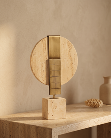 Travertine Disc Decorative Object Medium - styled warm beige console scene