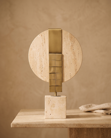 Travertine Disc Decorative Object Large - styled warm beige console scene