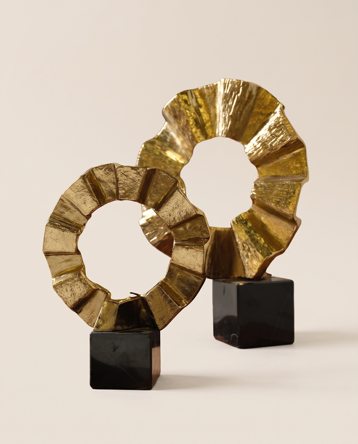 Sculptural Ring Decor – Gold Metal Ring on Black Marble Base