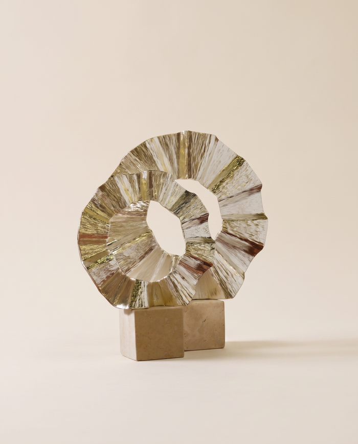 Sculptural Ring Decor on Stone Base –  Beige Metal Decorative Object