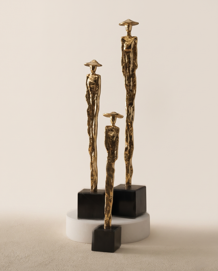 Brass Women with Hats on Cube Pedestal II