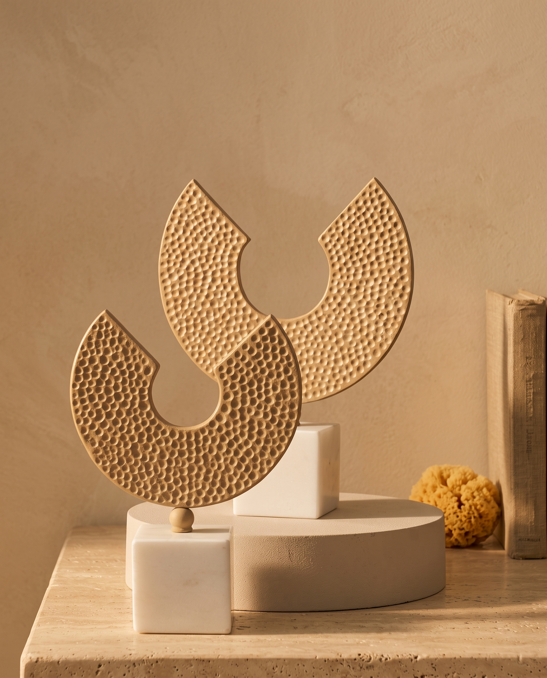 Honeycomb Decorative Object II - styled warm beige console scene