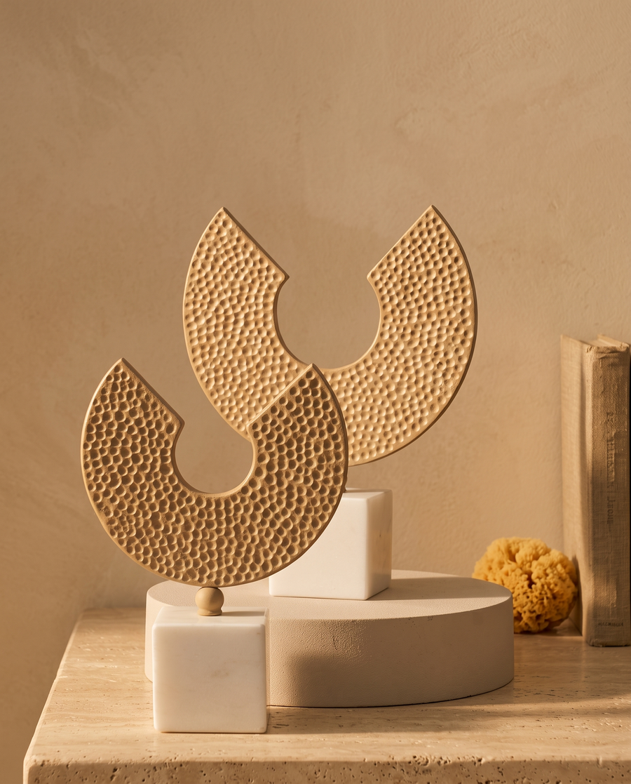 Honeycomb Decorative Object II - styled warm beige console scene