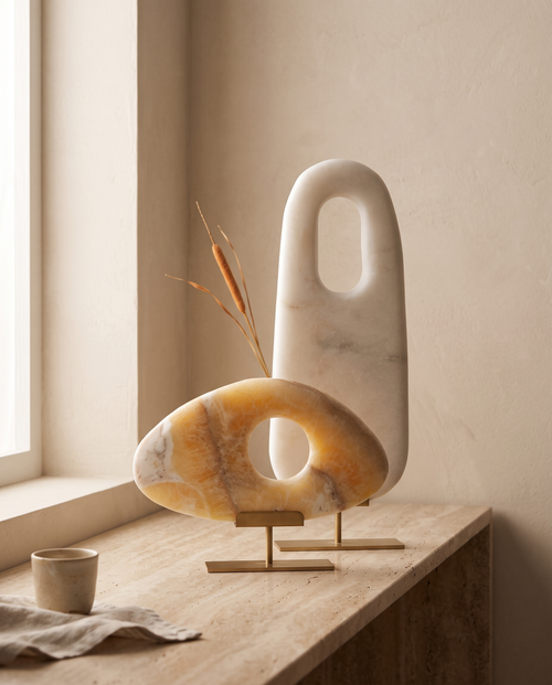 Abstract Onyx Decorative Object - styled warm beige console scene