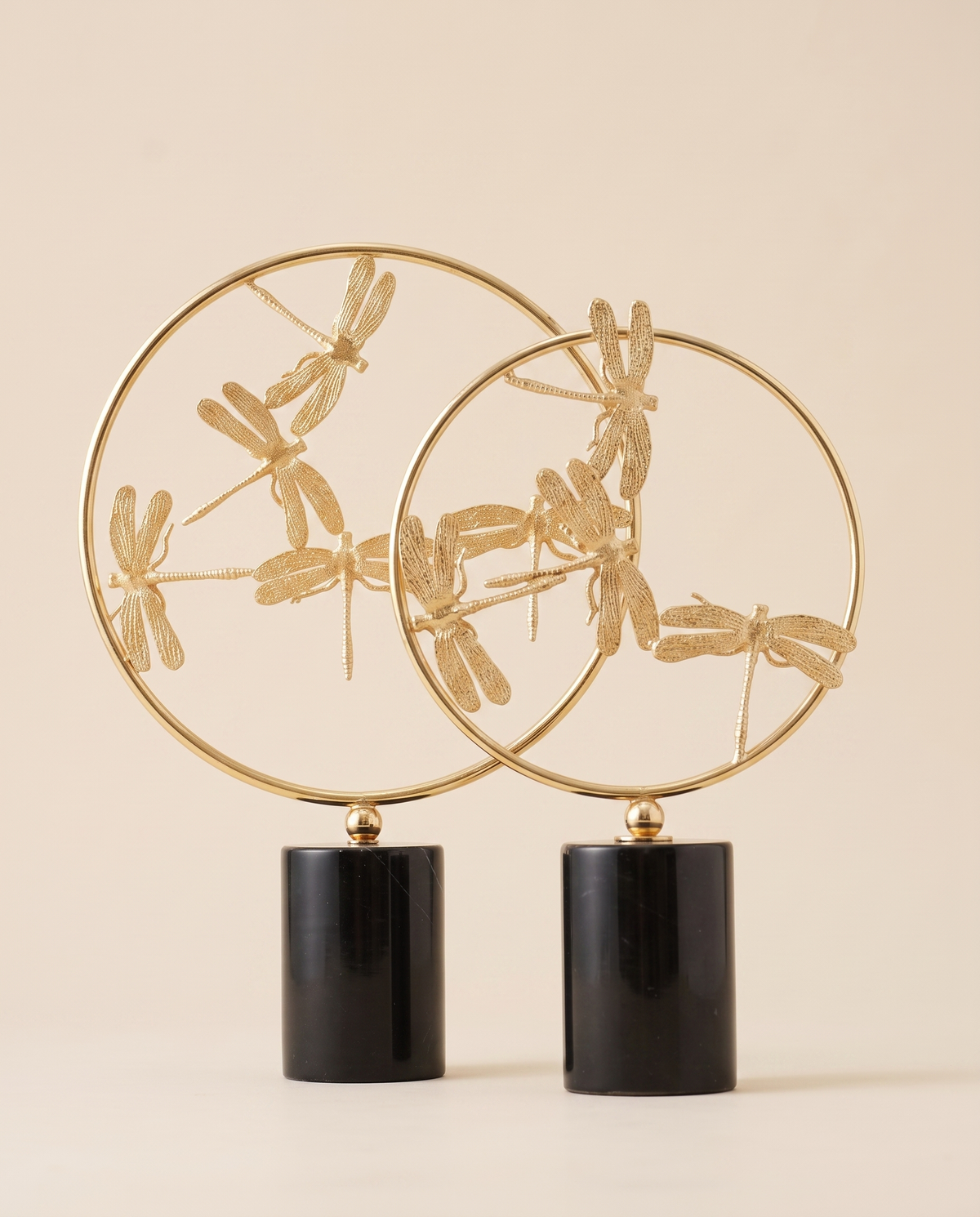 Circle Decorative Object with Dragonfly Black Gold II - warm ivory studio hero shot