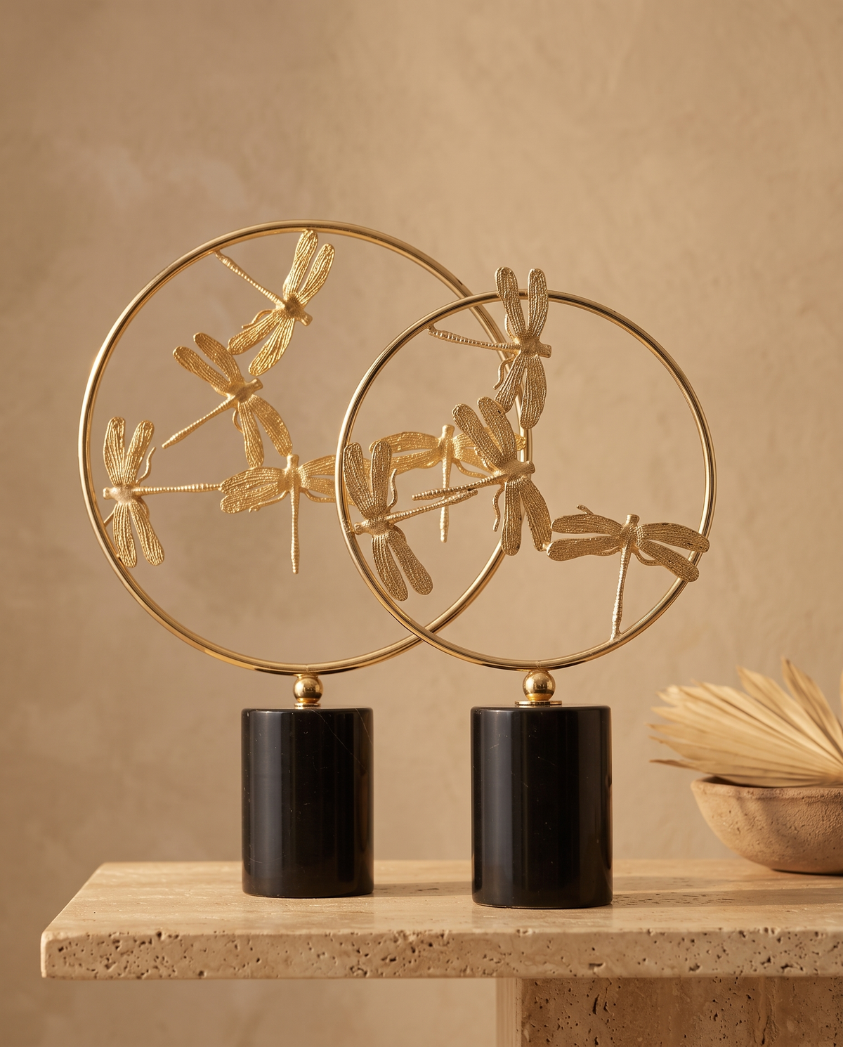 Circle Decorative Object with Dragonfly Black Gold II - styled warm beige console scene