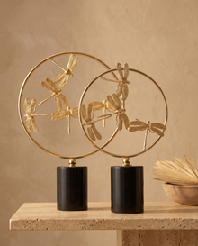 Circle Decorative Object with Dragonfly Black Gold II - styled warm beige console scene