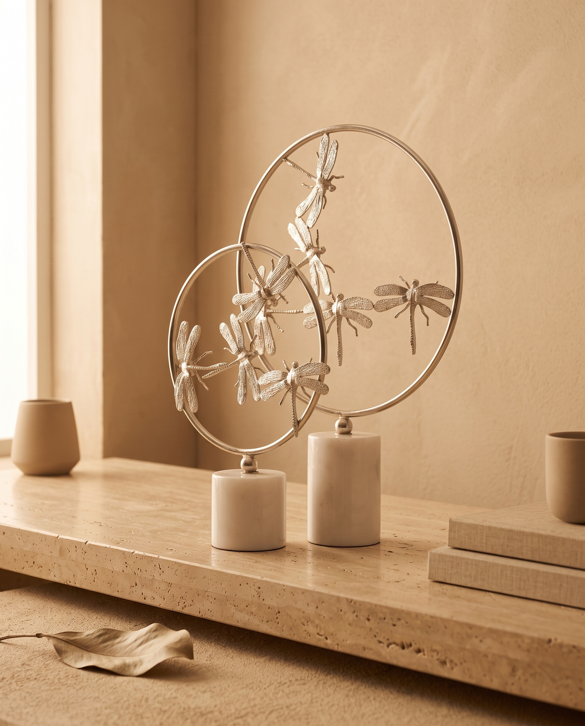 Circle Decorative Object with Dragonfly II - styled warm beige console scene