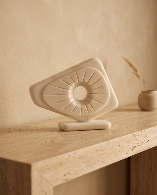 Abstract Marble Decorative Object - styled warm beige console scene