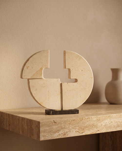 Amorphous Marble Sculpture - styled warm beige console scene