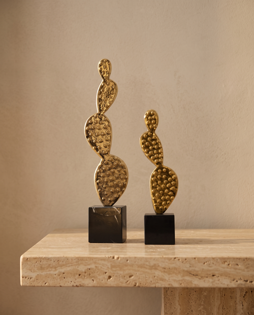 Brass Cactus Silhouette Sculpture - styled warm beige console scene