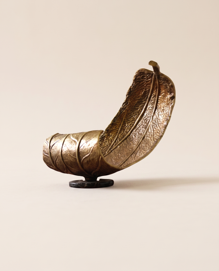 Curved Leaf Brass Sculpture on Marble Base, Bronze Botanical Decor Accent