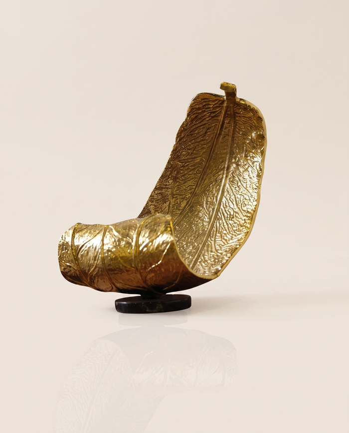 Curved Leaf Brass Sculpture on Marble Base, Gold Botanical Decor Accent