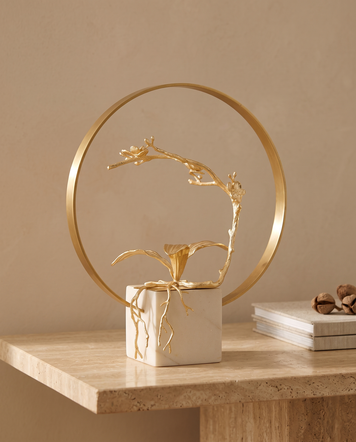 Golden Blossom Ring Sculpture - styled warm beige console scene