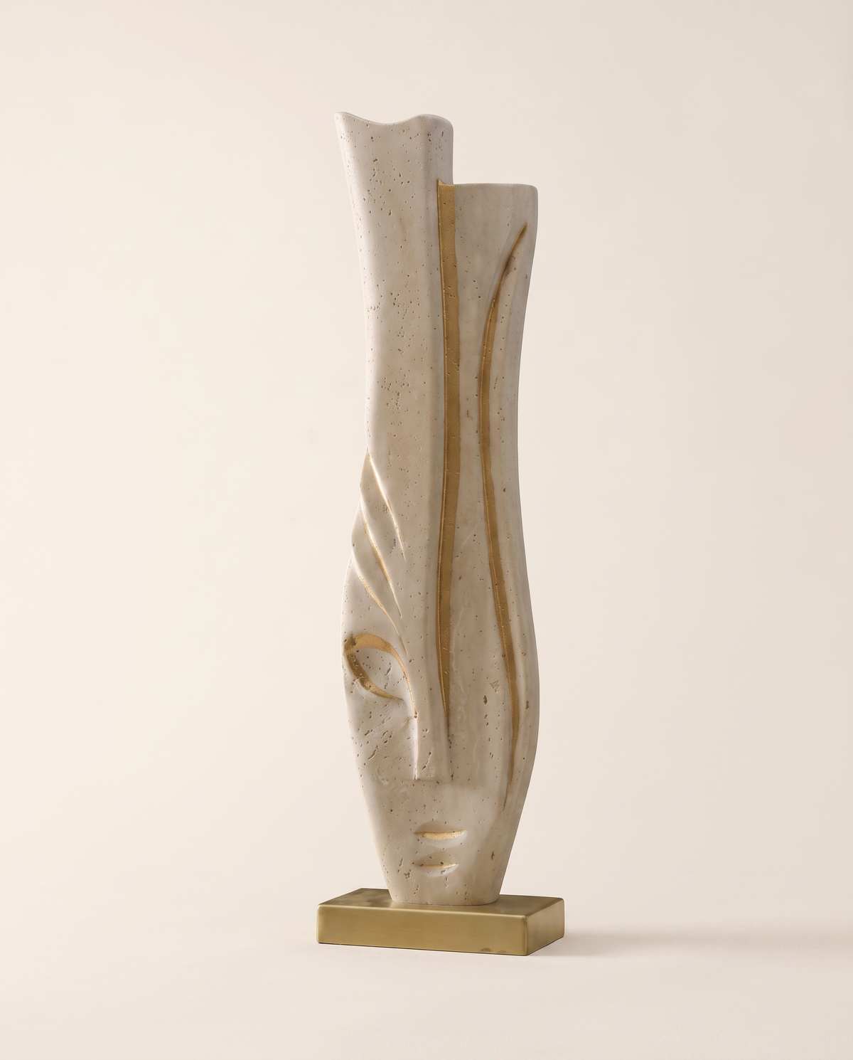 Travertine Face Sculpture with Gold Base - warm ivory studio hero shot