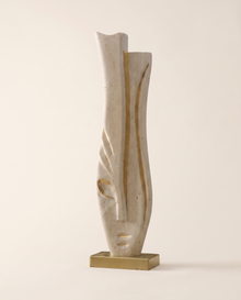 Travertine Face Sculpture with Gold Base - warm ivory studio hero shot