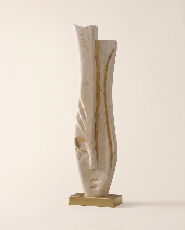 Travertine Face Sculpture with Gold Base